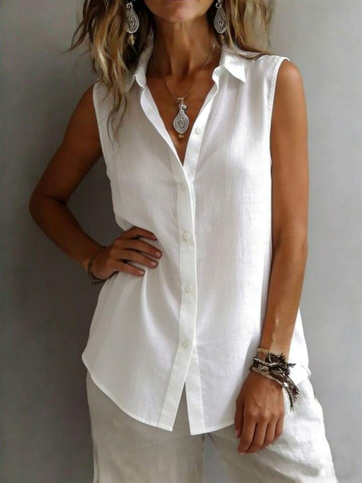 Quiet Luxury Button-Up Top – Minimalist Sleeveless Blouse for Timeless Wardrobe Staples