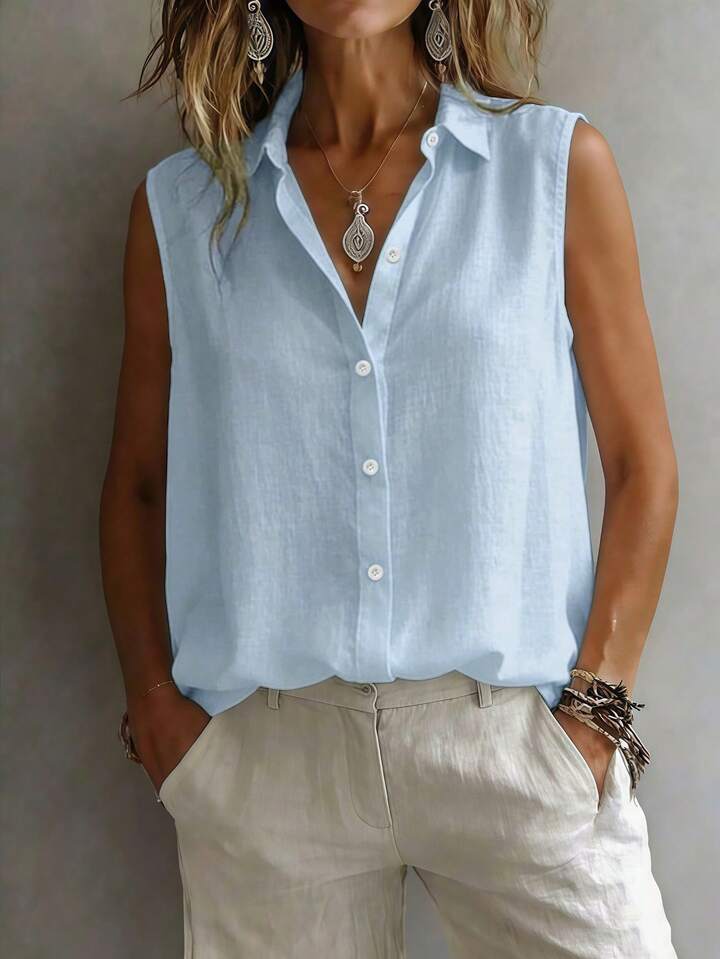 Quiet Luxury Button-Up Top – Minimalist Sleeveless Blouse for Timeless Wardrobe Staples