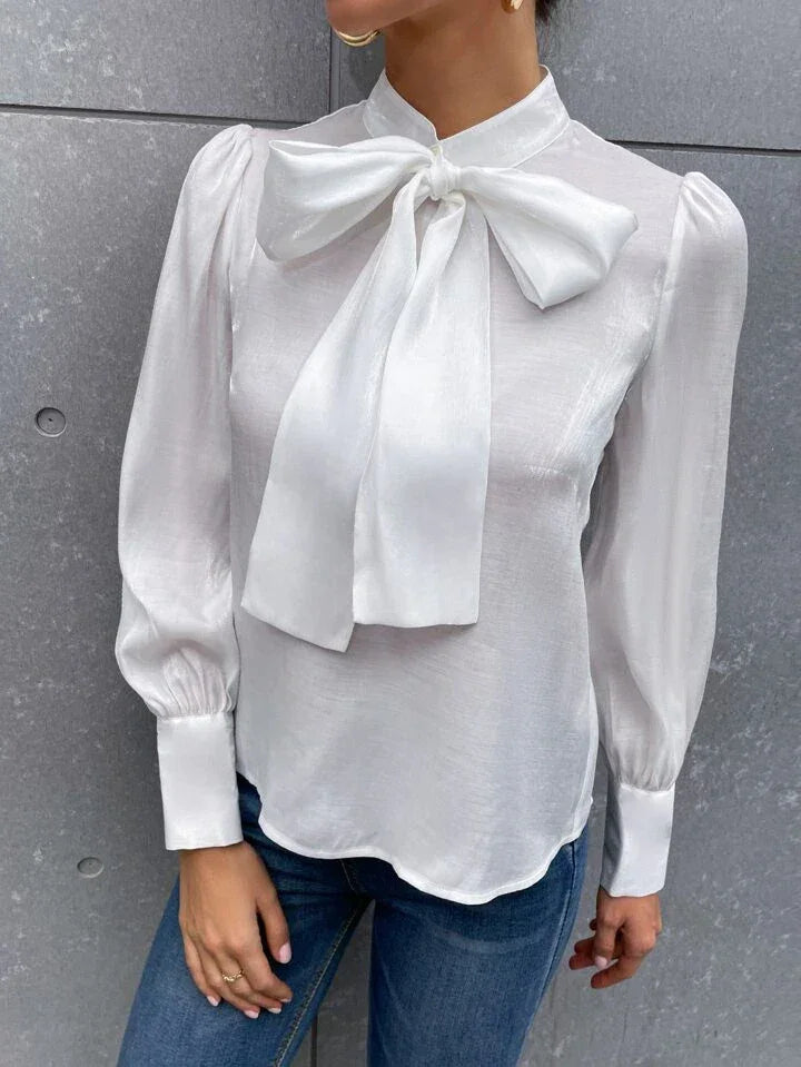 French Style Tie Neck Puff Sleeve Satin Blouse - LA FEMME WANDERER