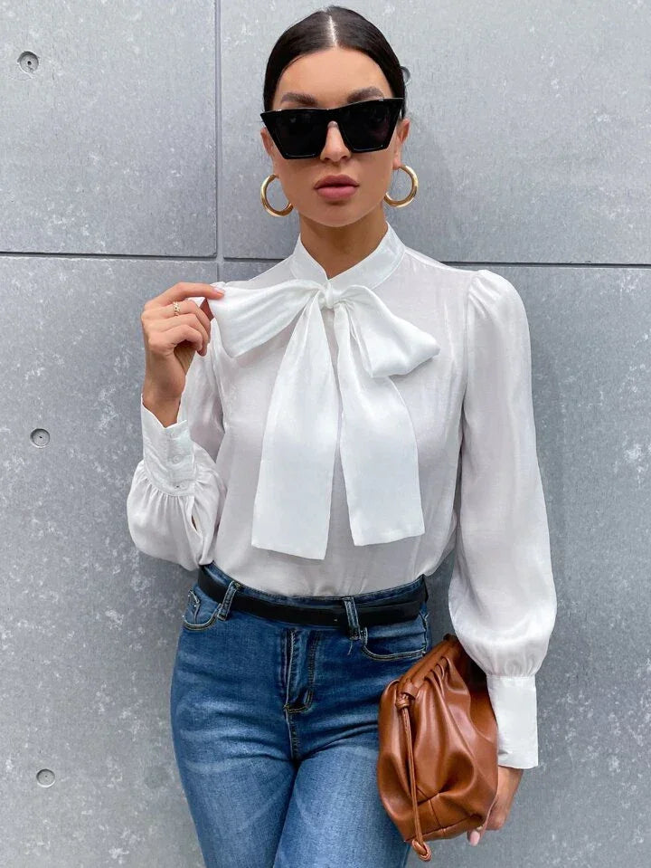French Style Tie Neck Puff Sleeve Satin Blouse - LA FEMME WANDERER