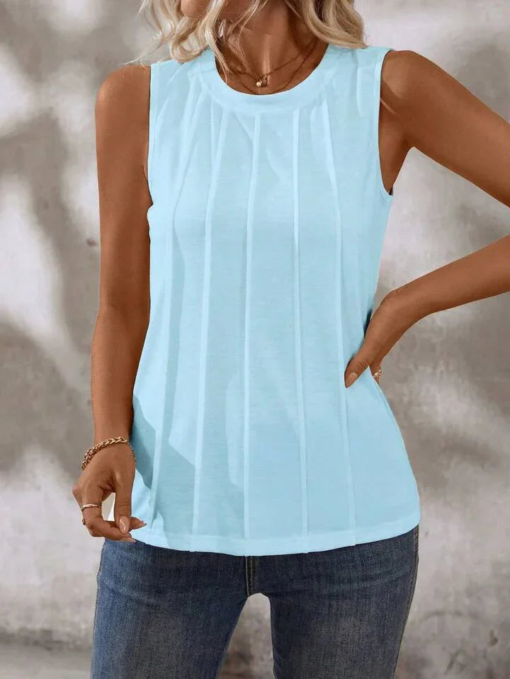 Solid Color Round-Neck Pleated Casual Tank Top - LA FEMME WANDERER