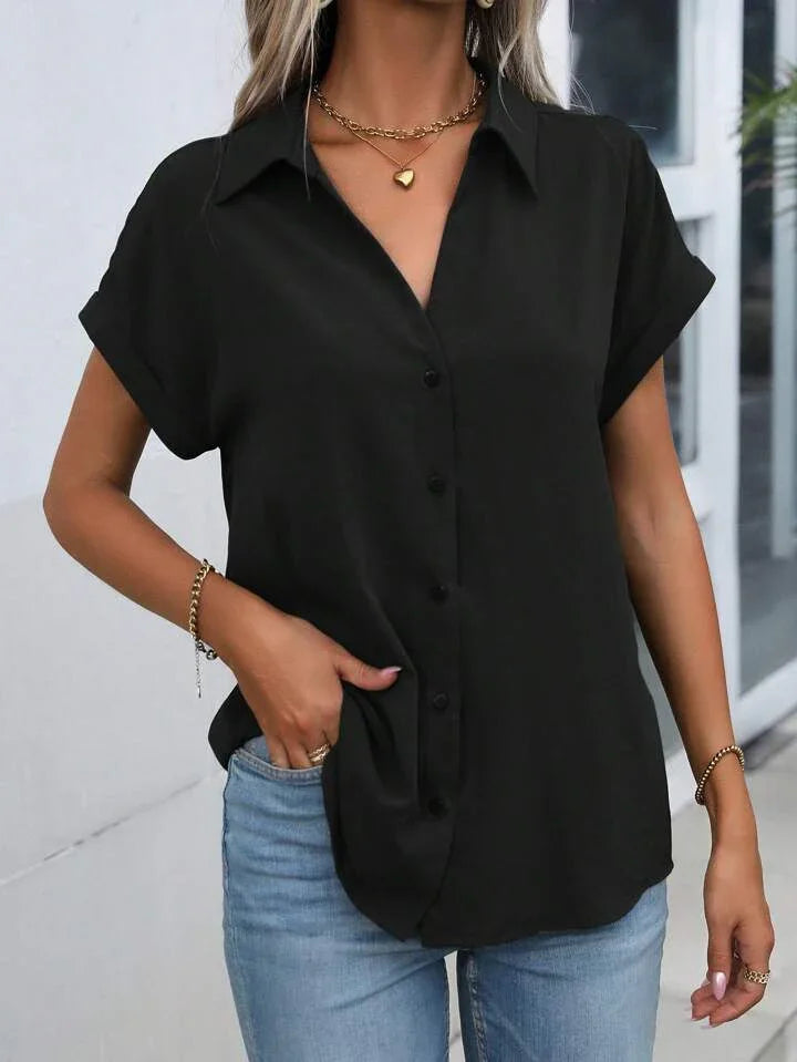 Must-have Short-sleeved Lapel Button Shirt Top - LA FEMME WANDERER