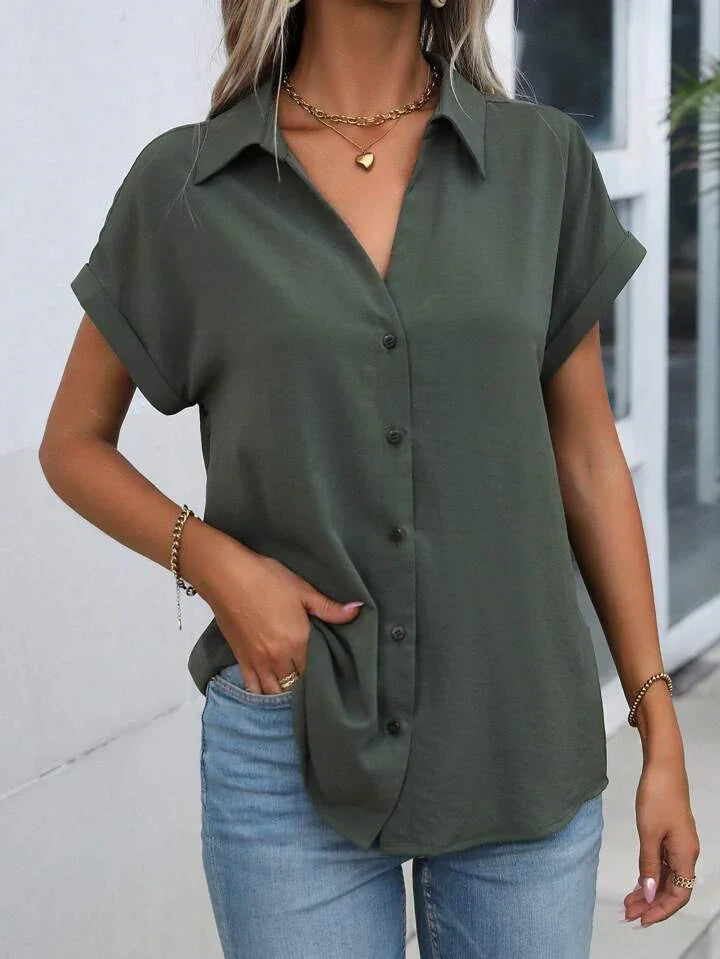 Must-have Short-sleeved Lapel Button Shirt Top - LA FEMME WANDERER