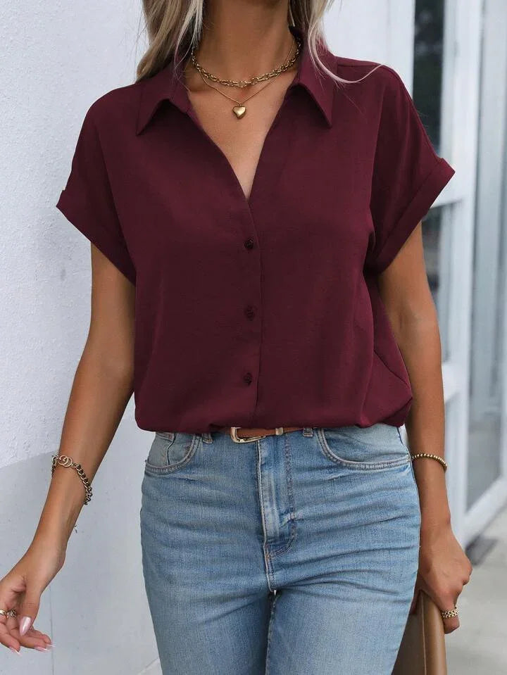 Must-have Short-sleeved Lapel Button Shirt Top - LA FEMME WANDERER