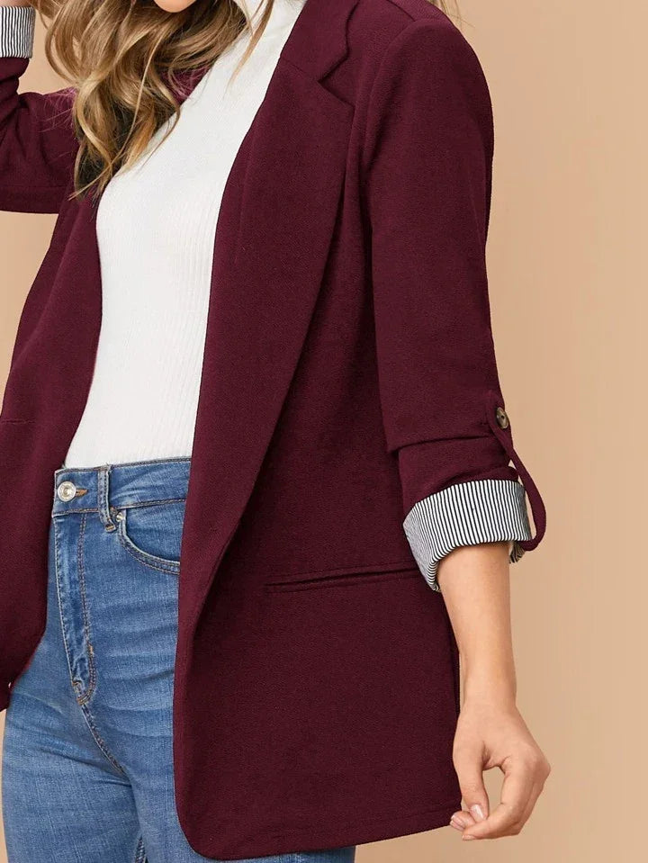 Lapel Notch Collar Roll Tab Sleeve Blazer - LA FEMME WANDERER