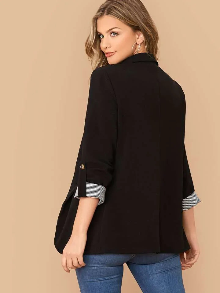 Lapel Notch Collar Roll Tab Sleeve Blazer - LA FEMME WANDERER