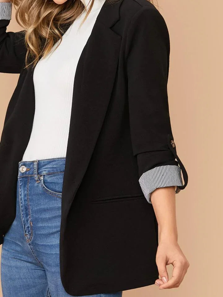 Lapel Notch Collar Roll Tab Sleeve Blazer - LA FEMME WANDERER