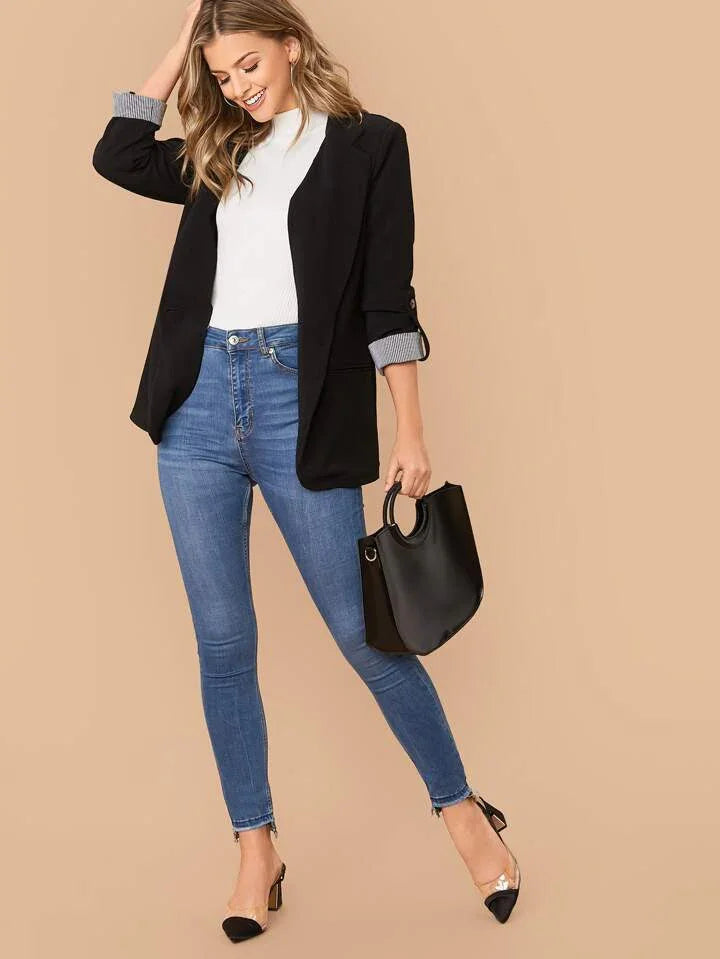 Lapel Notch Collar Roll Tab Sleeve Blazer - LA FEMME WANDERER