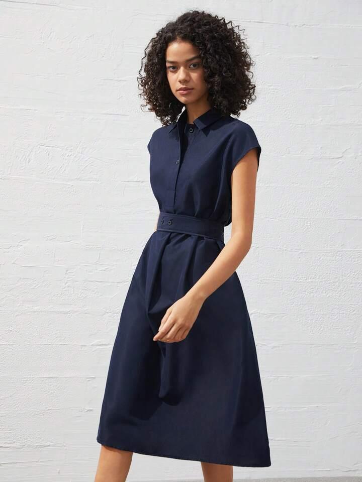 Refined Chic Navy Blue Midi Dress - LA FEMME WANDERER