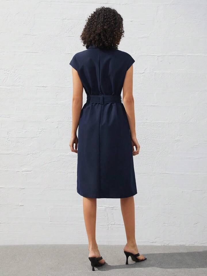 Refined Chic Navy Blue Midi Dress - LA FEMME WANDERER