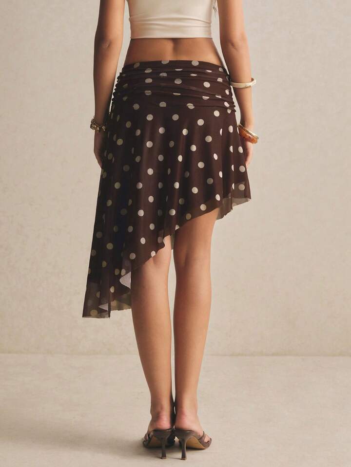 Brown Polka Dot Mesh Skirt – Chic High Waist Asymmetric Hem Skirt