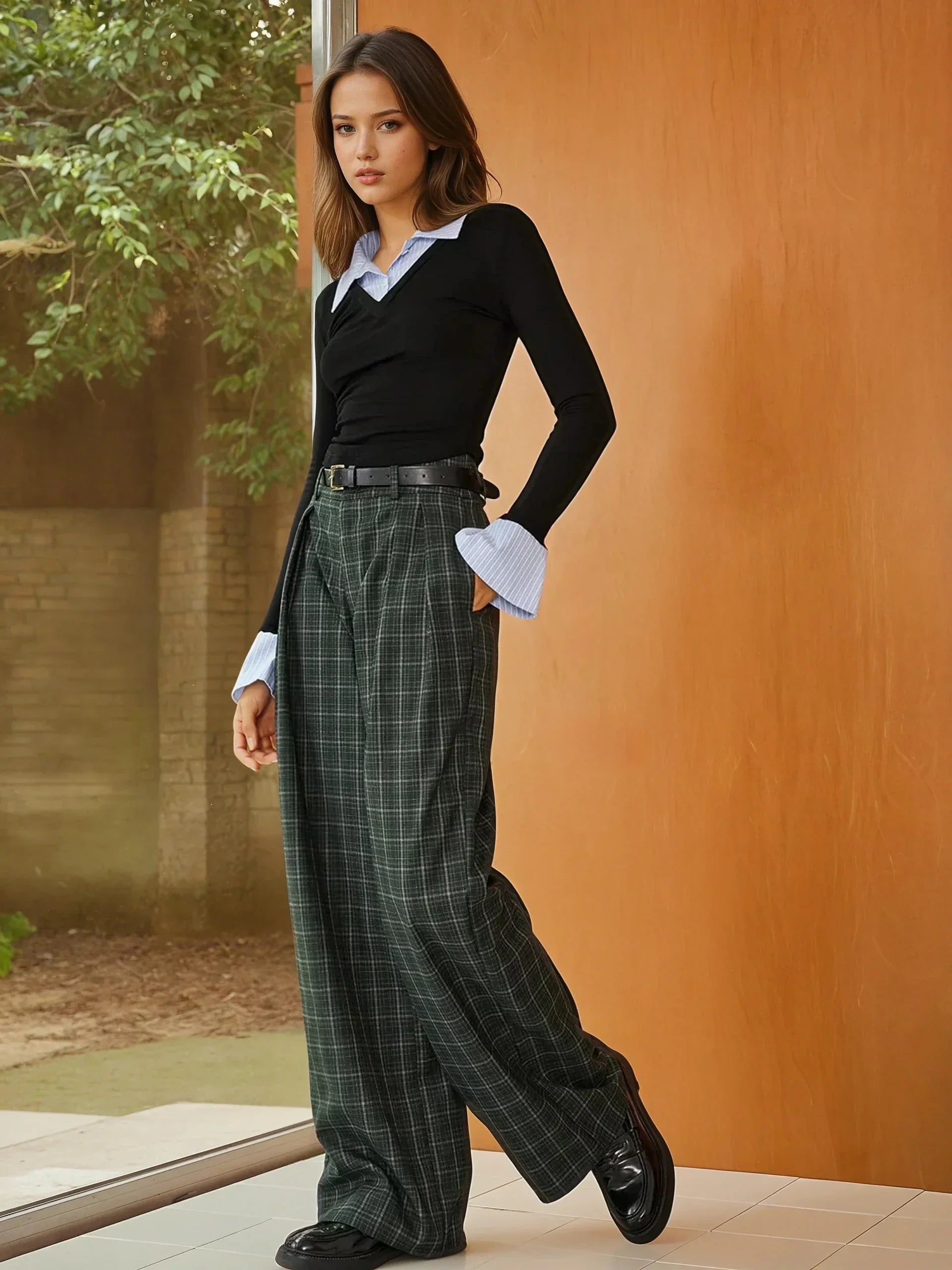 Layered Contrast-Collar Knit Top with Shirt Detail - LA FEMME WANDERER