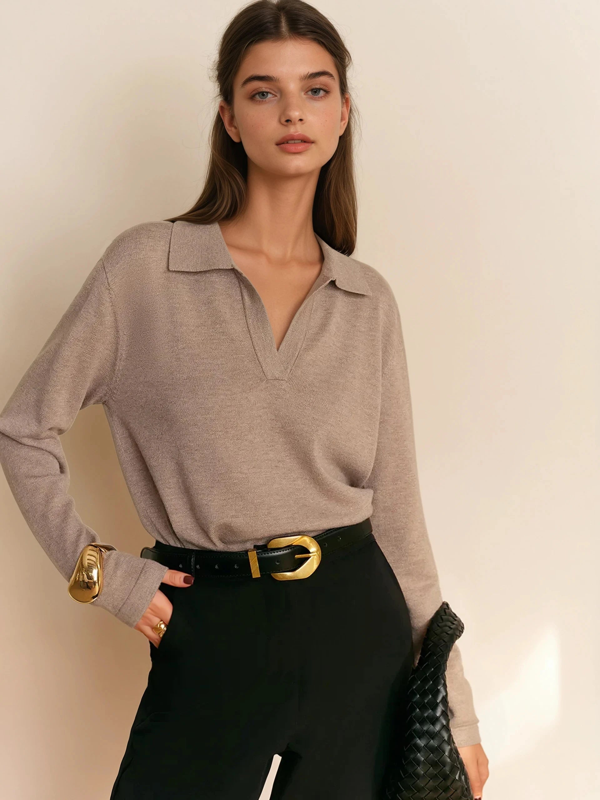 Solid Color Lapel Sweater Temperament Elegant Long Sleeve Retro - LA FEMME WANDERER