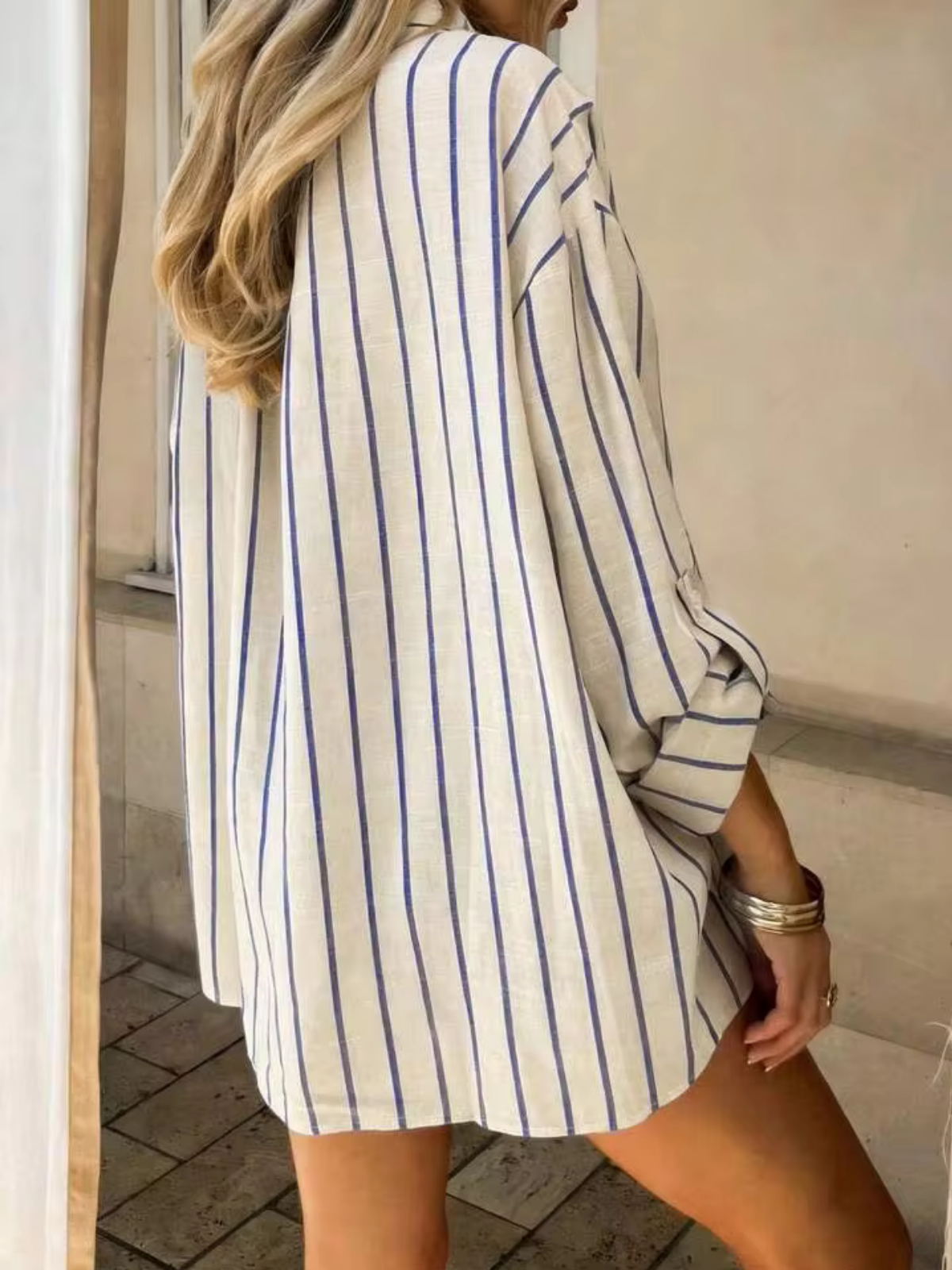 Cream & Blue Striped Oversized Button-Up Shirt Beach Cover-Up