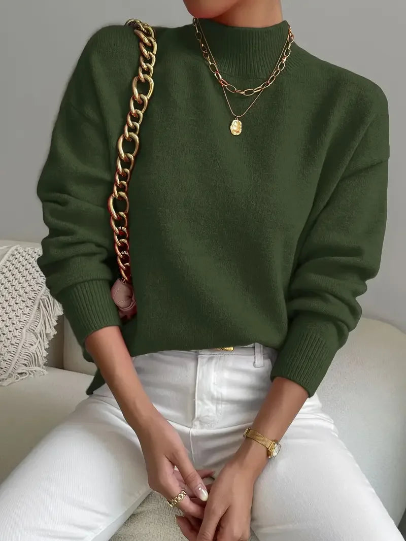 Half Turtleneck Solid Color Long Sleeve Knitted Sweater - LA FEMME WANDERER