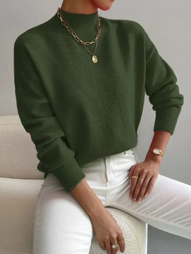 Half Turtleneck Solid Color Long Sleeve Knitted Sweater - LA FEMME WANDERER