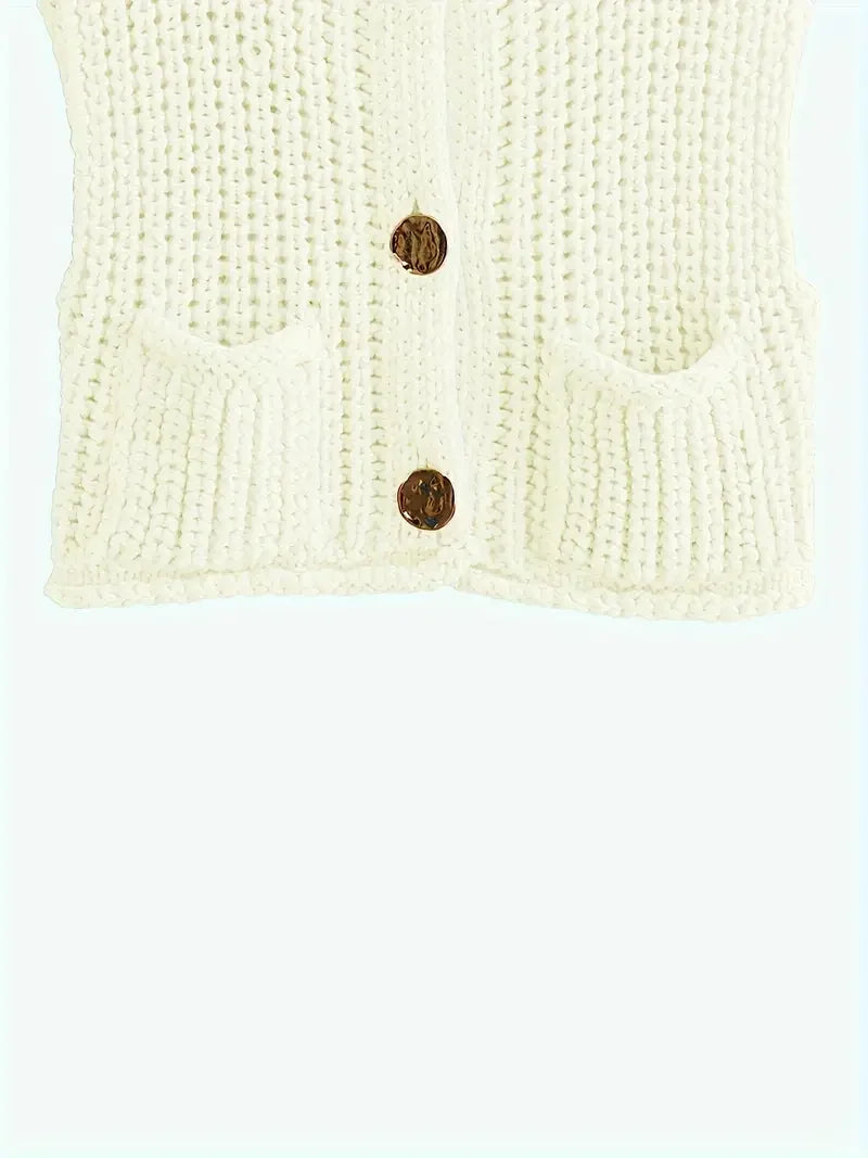 Pocket Sleeveless Short Knitted Cardigan Vest - LA FEMME WANDERER