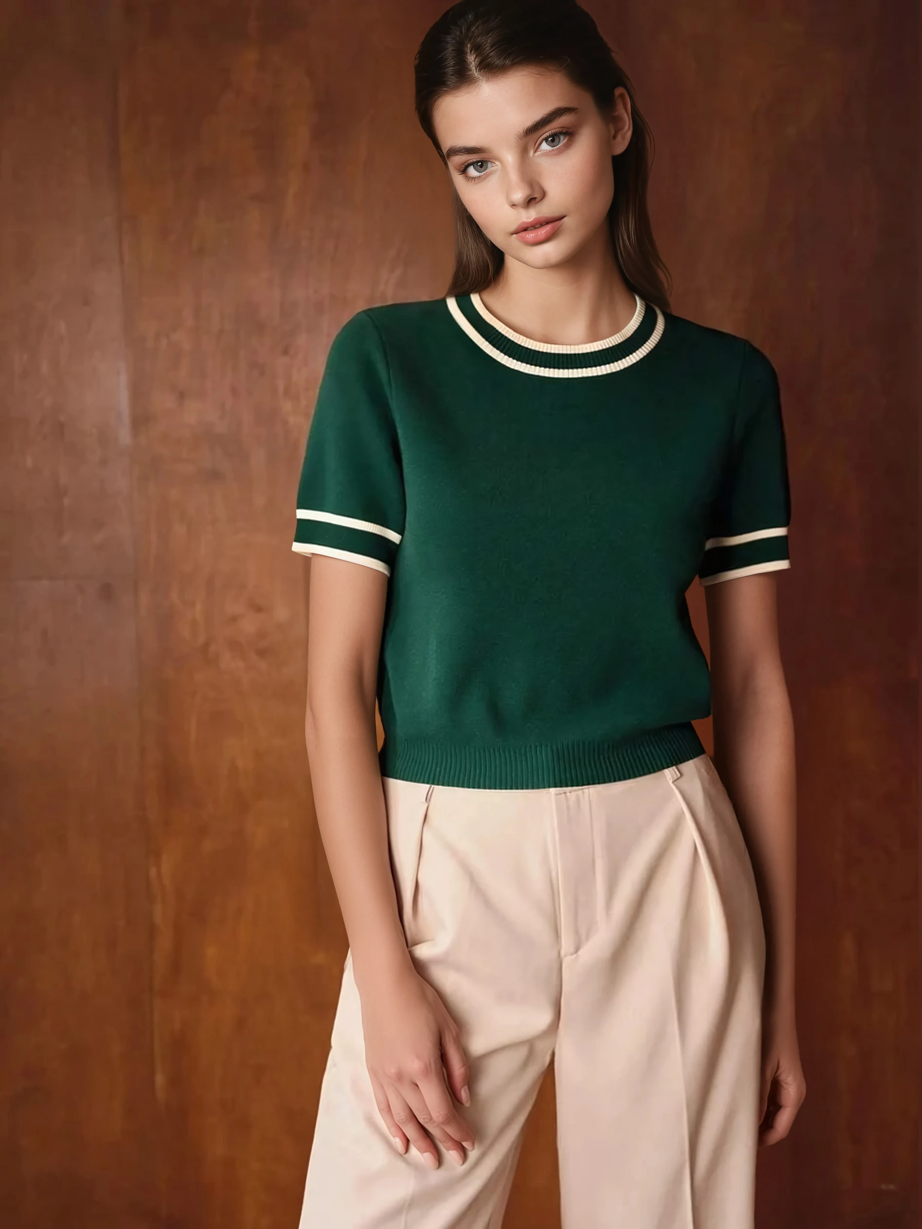 Knit Top With Contrast Trim Short Sleeves Modern Fit