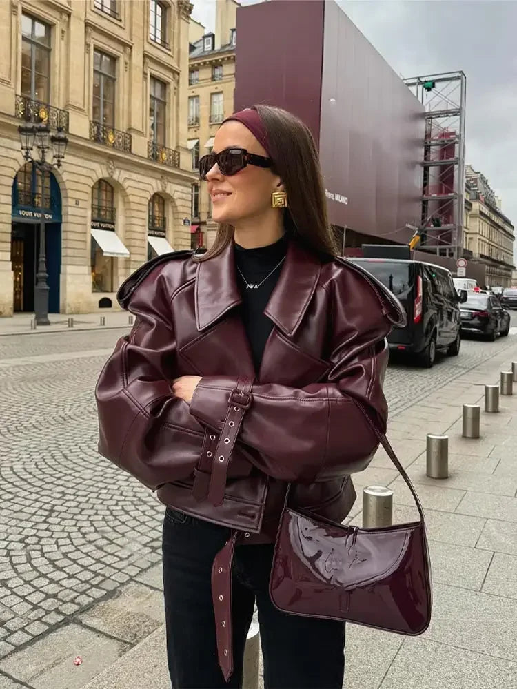 Burgundy Faux Leather Jacket - LA FEMME WANDERER