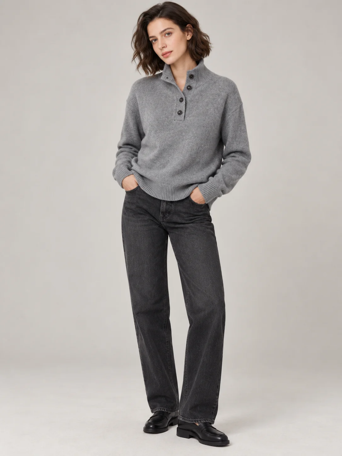 Cashmere Blend Button Collar Knit Sweater