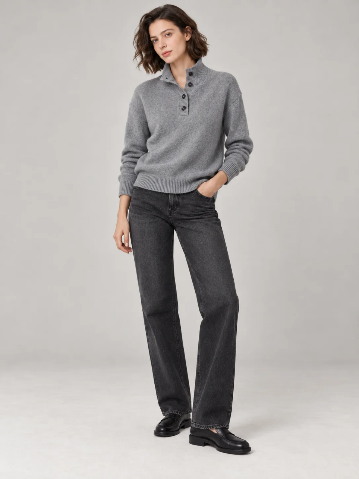 Cashmere Blend Button Collar Knit Sweater