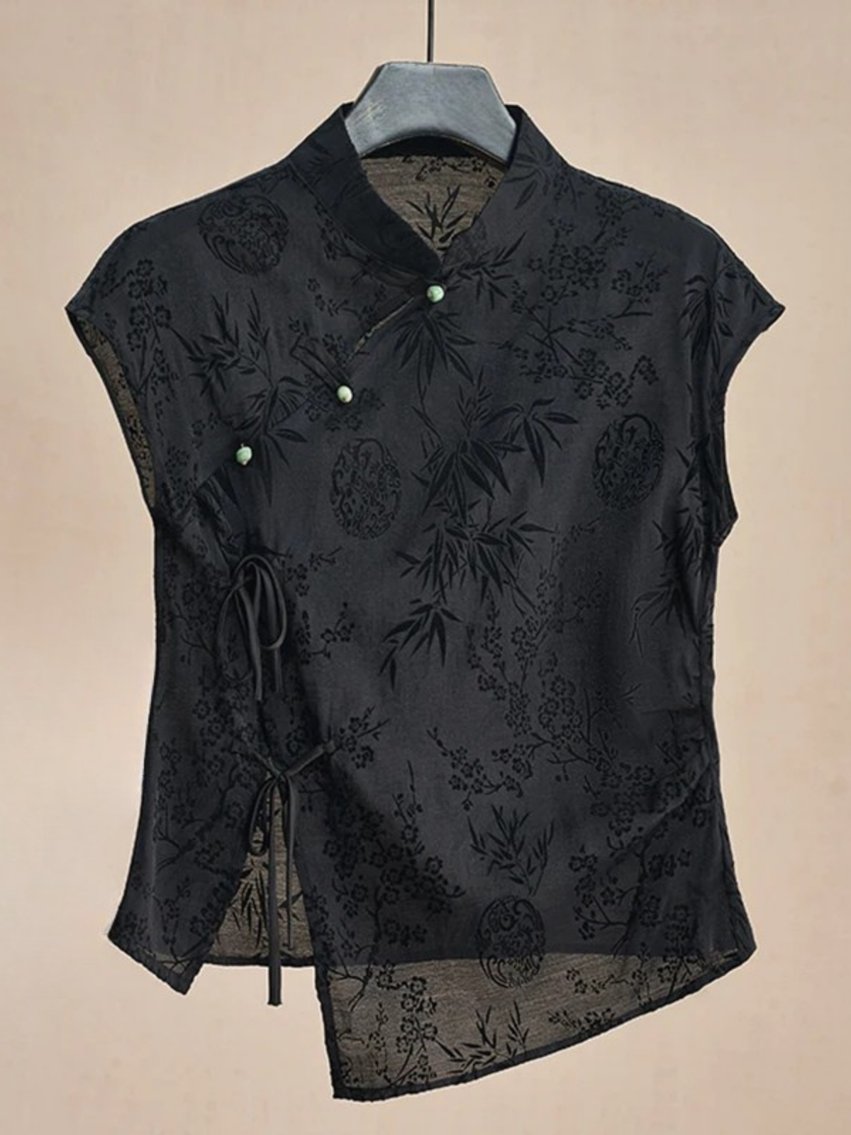Black Mandarin Collar Jacquard Blouse