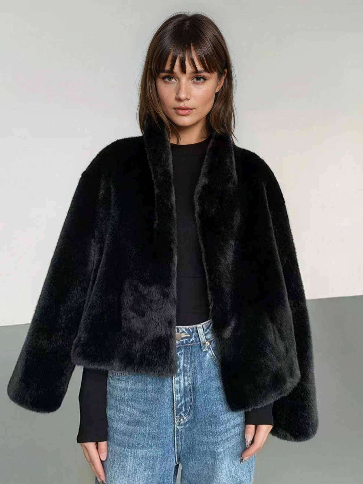 Elegant Black Faux Fur Coat For Women Stand Collar Long Sleeve Regular Fit Winter Wardrobe Essential