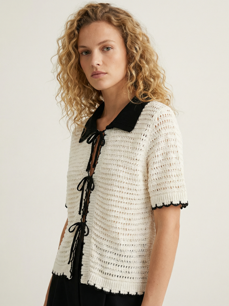 Beige Bow Lace Up Knit Sweater With Lapel Neck