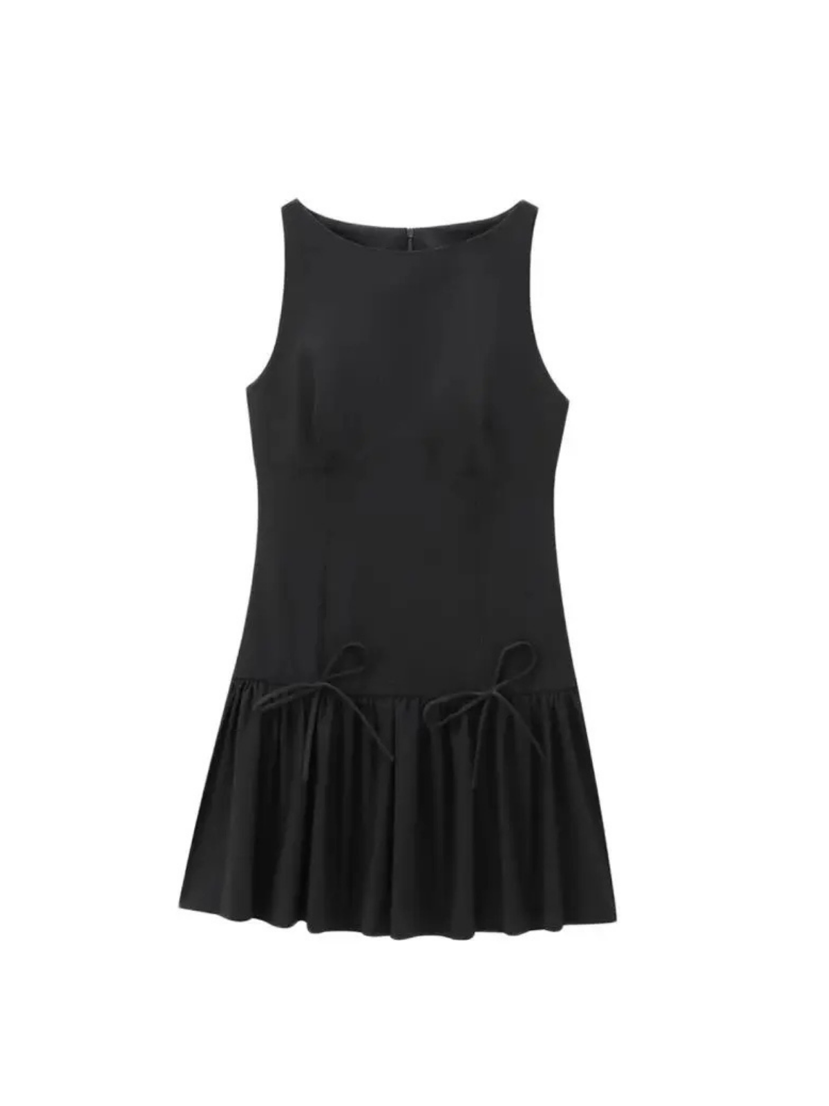 Womens Ruffled Mini Dress With Bows O Neck Sleeveless Back Zipper A Line Casual Chic Dress