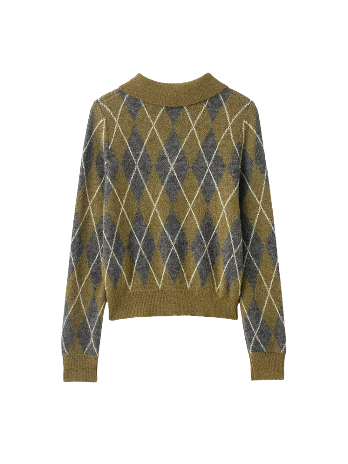 Eleganter Strickpullover mit Rautenmuster, Reverskragen, Knopfleiste und langen Ärmeln.