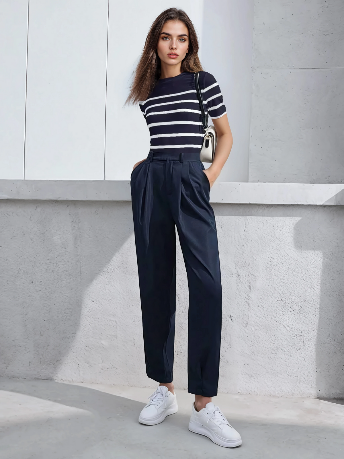 Striped Mock Neck Fitted Top Chic Office Ready Style