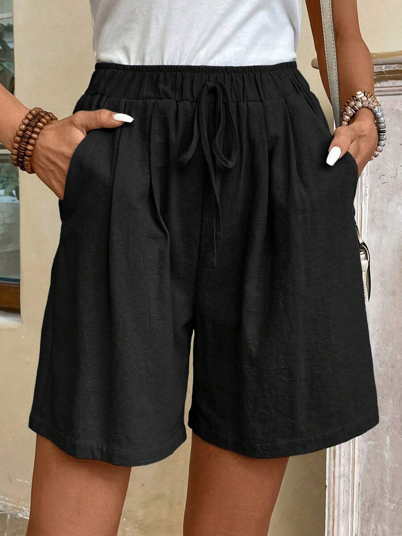 Tie Waist Wide Leg Shorts Elastic Waist Knot Detail Breathable Casual Comfort Everyday