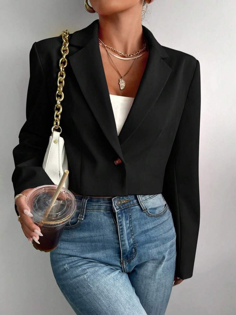 Lapel Neck Single Button Blazer Luxe Woven Crop Fit