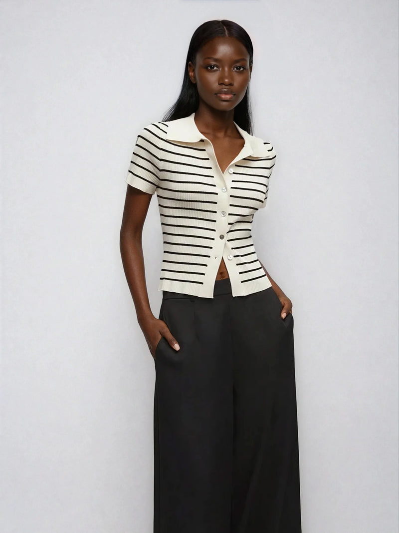 Gefütterter Strickpullover aus Kaschmirmischung mit Umlegekragen und Streifen