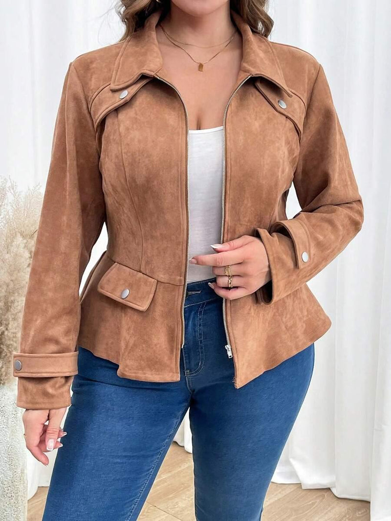 Plus Size Rust Brown Zipper Front Jacket With Casual Fit