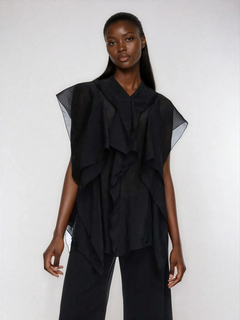 Rüschenbesatz Boho Mesh Patchwork Bluse Knopfleiste vorne lässig