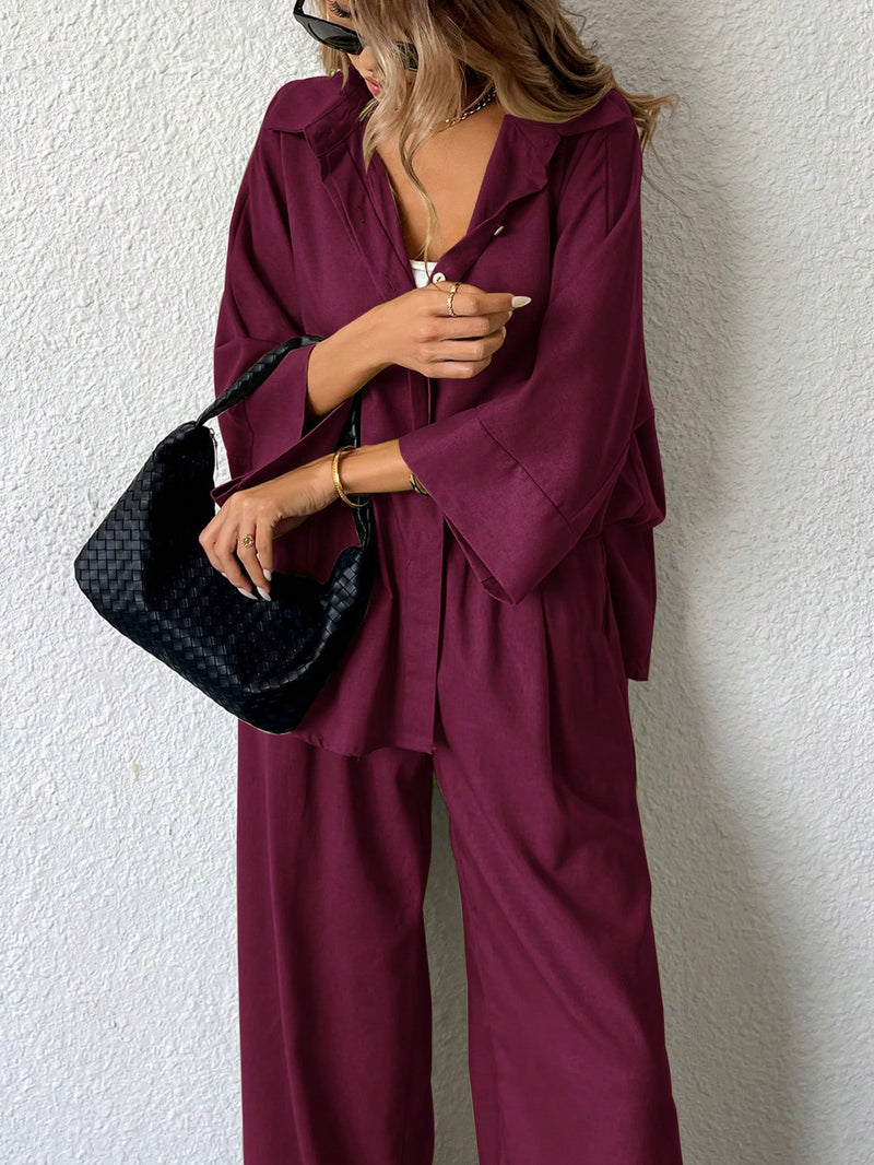 Burgundy Two Piece Blouse And Wide Leg Pants Set With Side Slit For Casual Business Wear