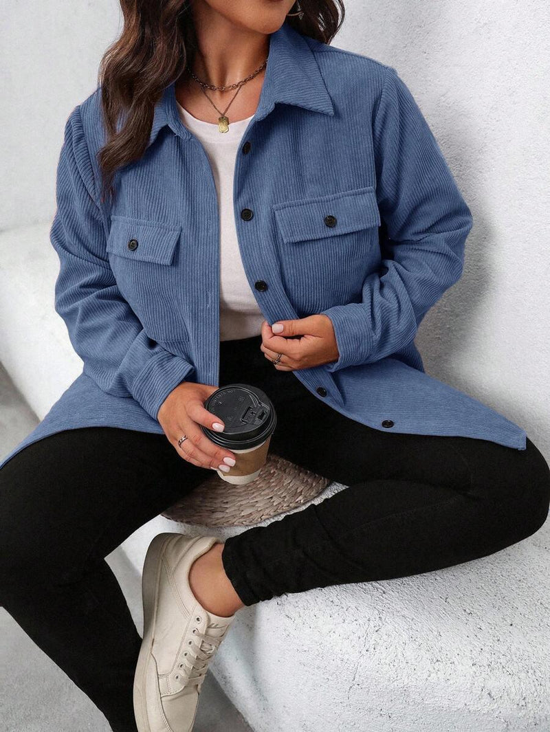 Plus Size Corduroy Shacket Single Breasted Blue Long Sleeve