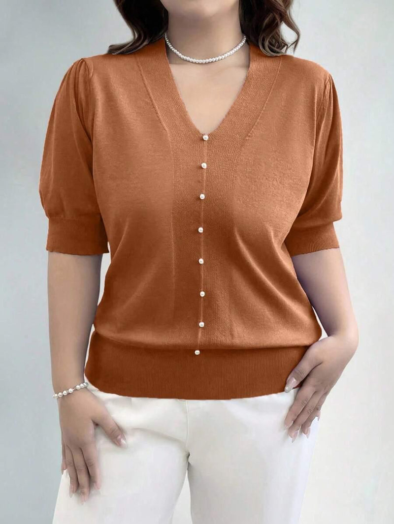 Plus Size V Neck Puff Sleeve Solid Knit Pullover Sweater