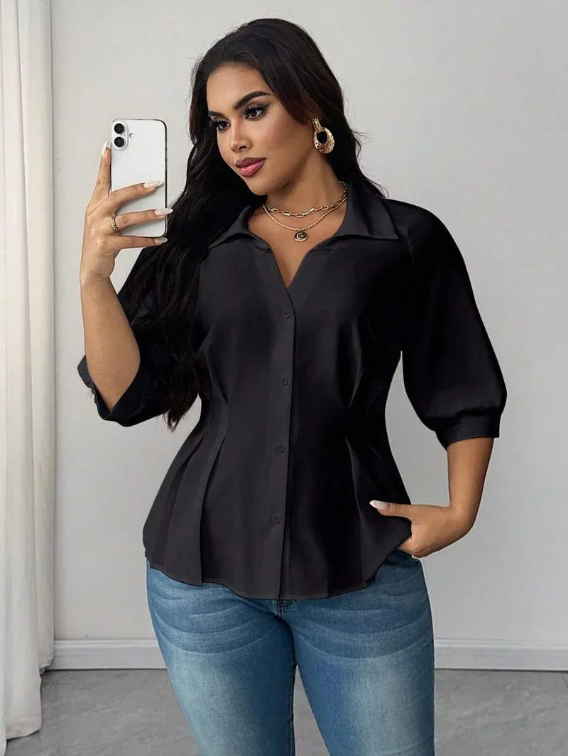 Plus Size Collared Blouse With Ruched Waist Elegant Fit