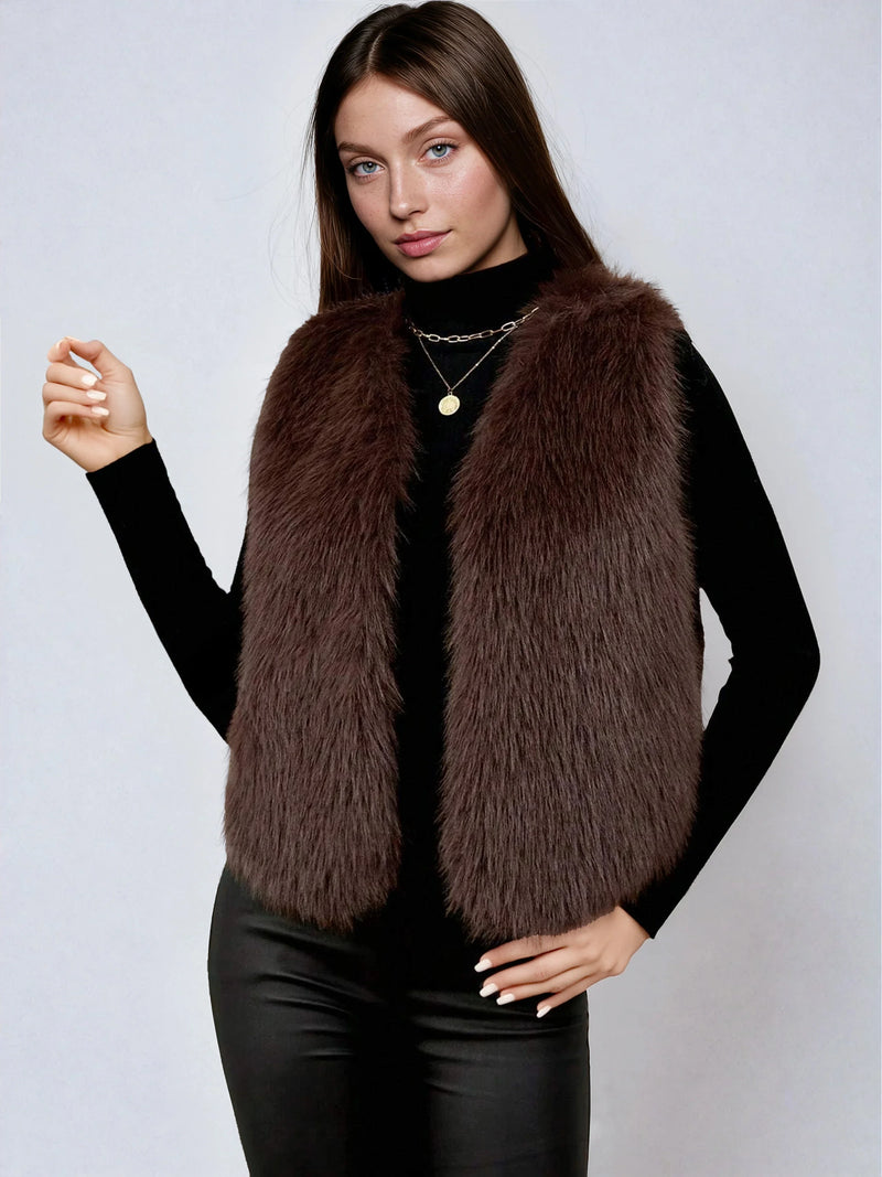 Faux Fur Vest V Neck Sleeveless Short Casual Fit Chic