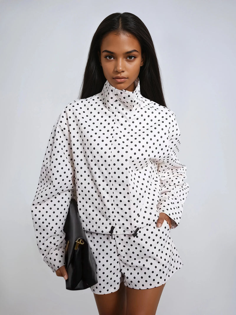 Polka Dot Stand Collar Bomber Jacket For Women Autumn Casual Vintage Streetwear AllSeason