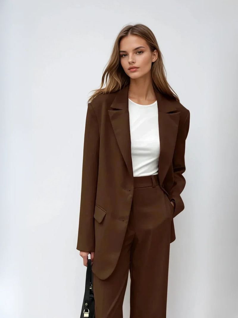 Mocha Vintage Blazer & Wide-leg Pants Matching Set