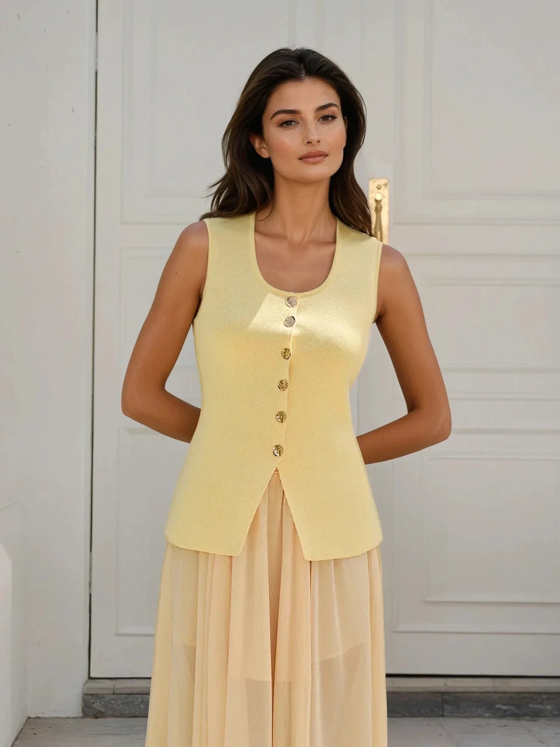 Sleeveless Square-Neck Buttoned Top With Split Hem