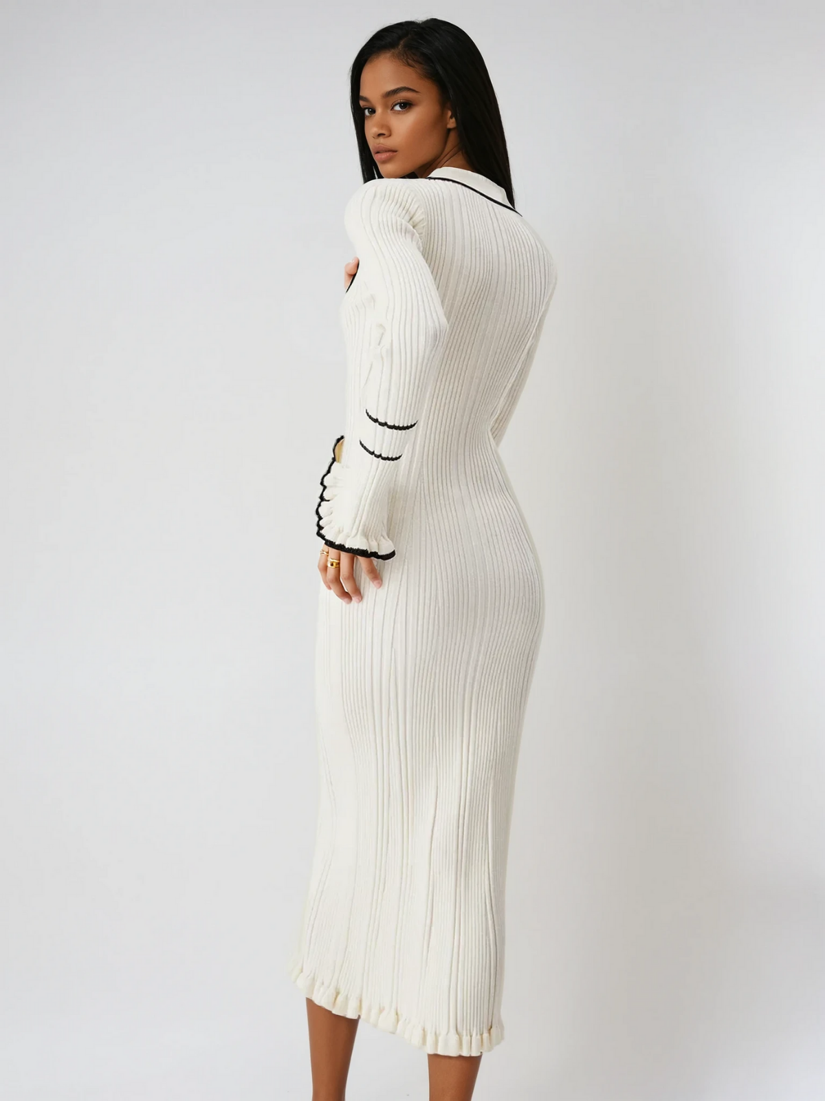 Oldmoney Style Contrast Ruffled Trim Midi Dress - LA FEMME WANDERER