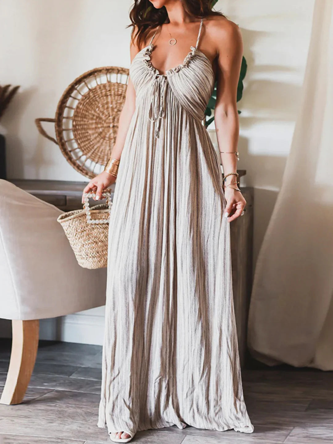 Backless U-Neck Halter Strap Long Dress - LA FEMME WANDERER