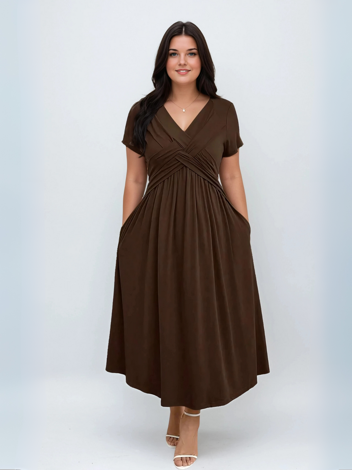 Plus Size V Hals Sunddress mit Taschen Taille Taille