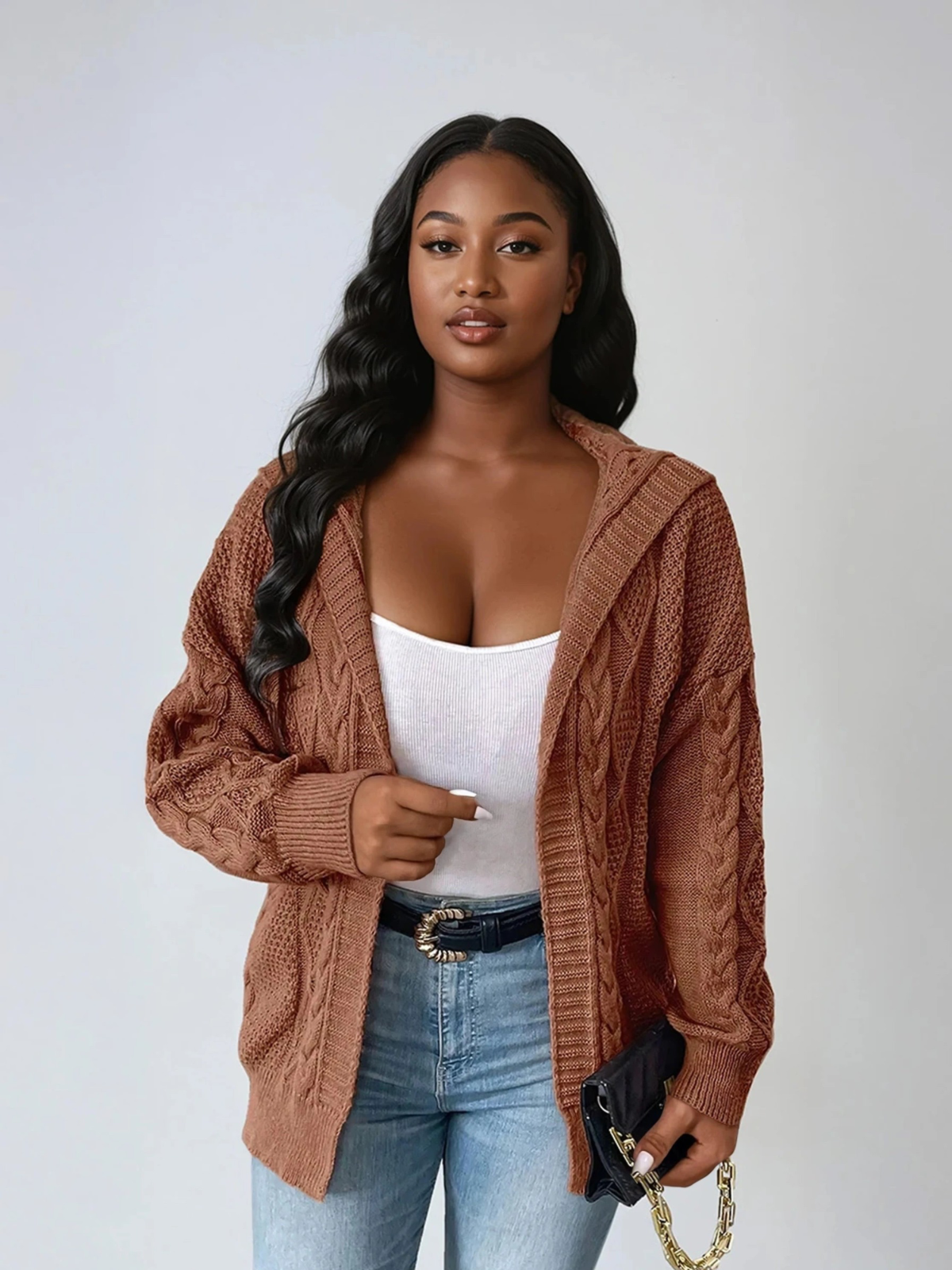 Plus -Größe Kapuzenkabel -Strick -Strickjacke offen vorne lässig lässig