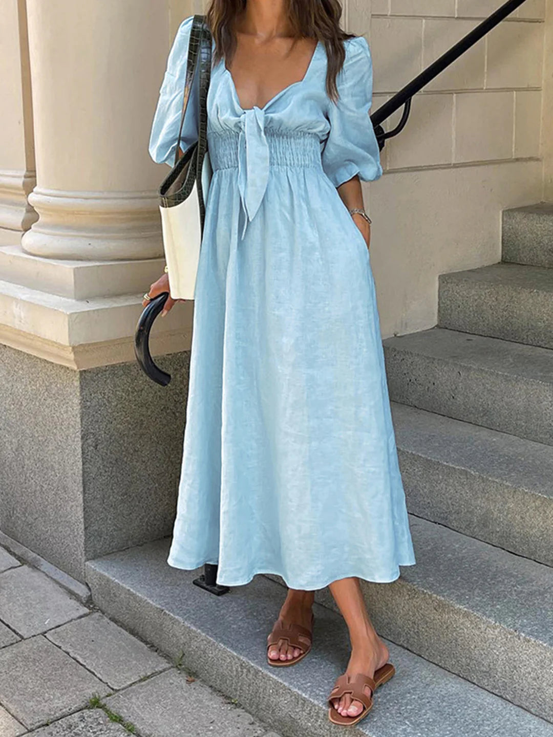 Linen Cotton Front Tie Midi Dress - LA FEMME WANDERER