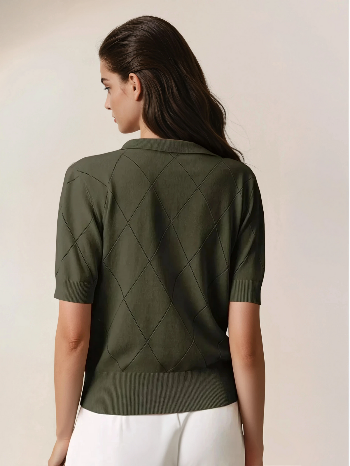 Diamond Knit Polo Collar Short Sleeve Pullover Soft Casual